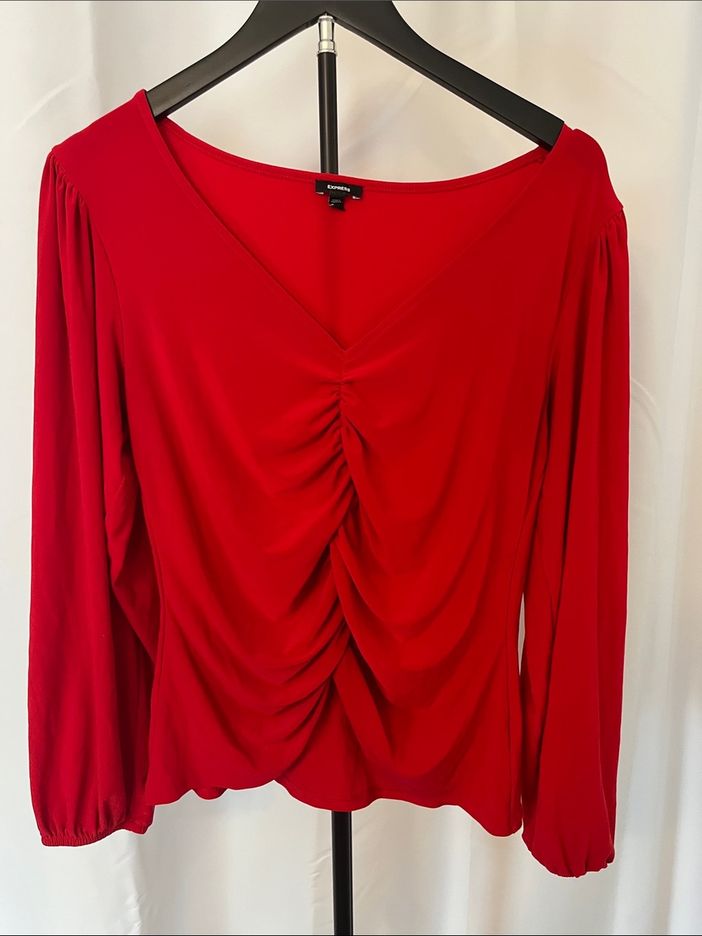 Express Red Ruched V-Neck Long Sleeve Blouse